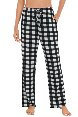 Lovasy Pyjamahose Damen Lang Karierte Schlafanzughosen für Damen mit Taschen und Kordelzug,Weiß-Schwarz,S von Lovasy