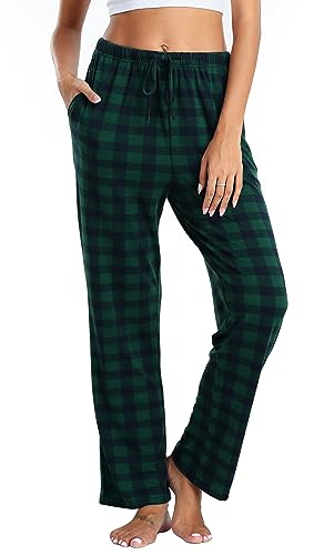 Lovasy Schlafanzughose Damen Lang Karierte Schlafhose Damen Pyjamahose mit Taschen und Kordelzug,grün L von Lovasy