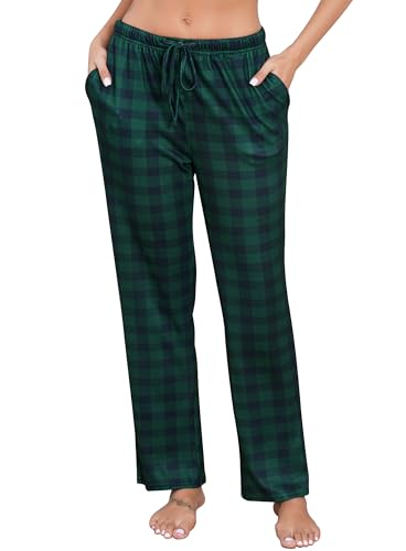 Lovasy Schlafanzughose Damen Lang Winter Pyjamahose Karierte Schlafhose Locker Freizeithose mit Taschen und Kordelzug,Dunkelblau,XL von Lovasy