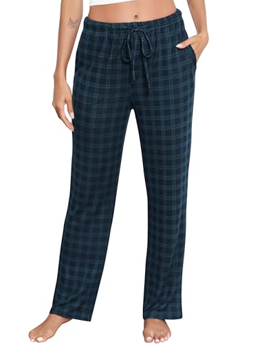 Lovasy Schlafanzughose Damen Lang Winter Pyjamahose Karierte Schlafhose Locker Freizeithose mit Taschen und Kordelzug,Hellgrau,L von Lovasy