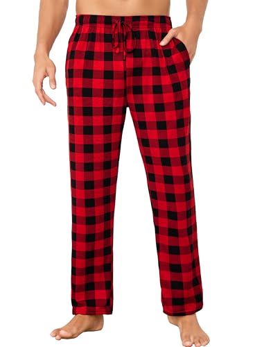 Lovasy Schlafanzughose Herren Lang Pyjamahose Karierte Schlafhose mit Taschen und Kordelzug Schlafanzughosen für Herren Freizeithosen,Rot-Schwarz Kariert,L von Lovasy