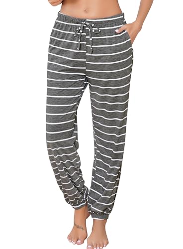 Lovasy Pyjamahose Damen Lang Baumwolle Schlafanzughosen für Damen Gestreift Schlafhose mit Taschen und Kordelzug,Dunkelgrau,XL von Lovasy