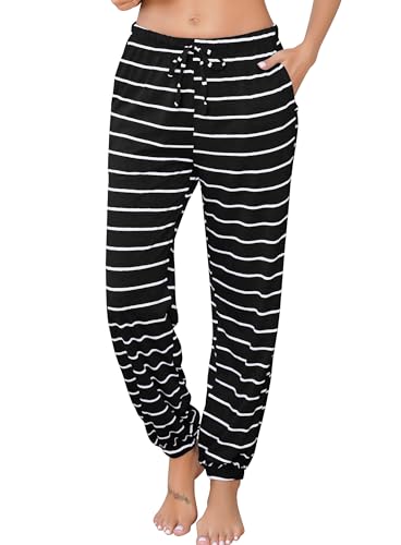 Lovasy Schlafhose Damen Lang Baumwolle Schlafanzughosen für Damen Gestreift Pyjamahose mit Taschen und Kordelzug,Schwarz,L von Lovasy