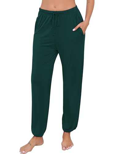 Lovasy Pyjamahose Damen Lang Weich Locker Schlafhose Modal Schlafanzughosen für Damen mit Taschen und Kordelzug,Dunkelgrün,XXL von Lovasy