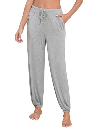 Lovasy Pyjamahose Damen Lang Weich Locker Schlafhose Modal Schlafanzughosen für Damen mit Taschen und Kordelzug,Hellgrau,M von Lovasy