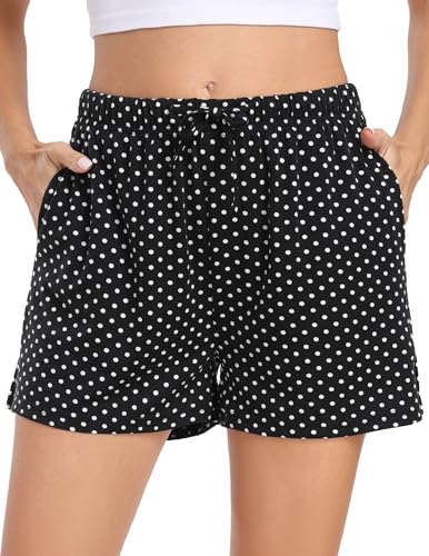 Lovasy Schlafshorts Damen Karierte Pyjamahose Damen Kurz Sommer Shorts mit Taschen und Kordelzug,Gepunktet,L von Lovasy