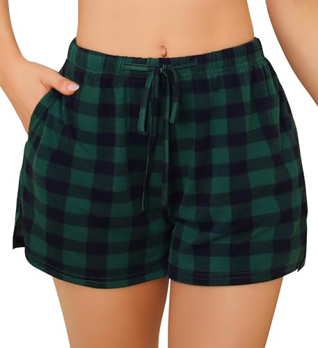 Lovasy Schlafshorts Damen Karierte Pyjamahose Damen Kurz Sommer Shorts mit Taschen und Kordelzug,Grün 2,L von Lovasy