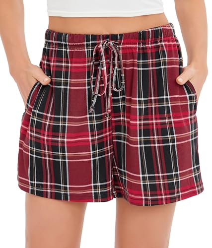 Lovasy Schlafshorts Damen Karierte Pyjamahose Damen Kurz Sommer Shorts mit Taschen und Kordelzug,Kariert 1,L von Lovasy