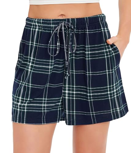 Lovasy Schlafshorts Damen Karierte Pyjamahose Damen Kurz Sommer Shorts mit Taschen und Kordelzug,Kariert 2,M von Lovasy