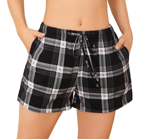 Lovasy Schlafshorts Damen Karierte Pyjamahose Damen Kurz Sommer Shorts mit Taschen und Kordelzug,Schwarz,XXL von Lovasy