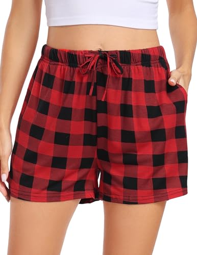 Lovasy Schlafshorts Damen Karierte Pyjamahose Damen Kurz Sommer Shorts mit Taschen und Kordelzug,Tiefrot,XXL von Lovasy