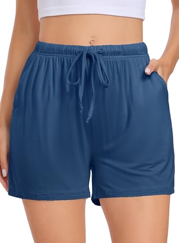 Lovasy Schlafshorts Damen Kurz Pyjama Shorts Damen Sommer Schlafhose Freizeitshorts Weich Bequem mit Taschen und Kordelzug,Blau,L von Lovasy
