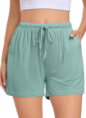 Lovasy Schlafshorts Damen Kurz Pyjama Shorts Damen Sommer Schlafhose Freizeitshorts Weich Bequem mit Taschen und Kordelzug,Hellgrün,L von Lovasy