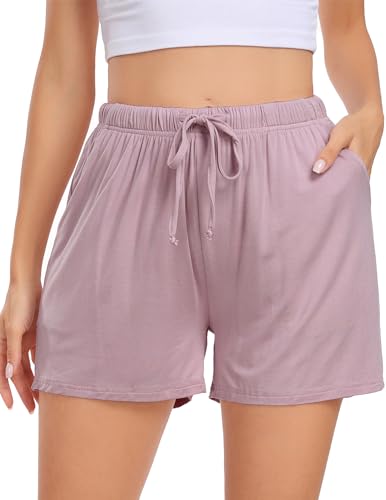 Lovasy Schlafshorts Damen Kurz Pyjama Shorts Damen Sommer Schlafhose Freizeitshorts Weich Bequem mit Taschen und Kordelzug,Rosa,XL von Lovasy