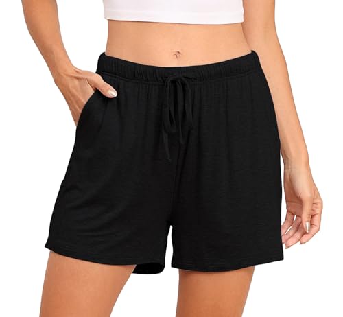Lovasy Schlafshorts Damen Kurz Pyjama Shorts Damen Sommer Schlafhose Freizeitshorts Weich Bequem mit Taschen und Kordelzug,Schwarz,XL von Lovasy