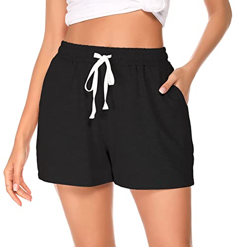 Lovasy Kurze Schlafanzughosen für Damen Schlafshorts Kurz Pyjamahose mit Taschen und Kordelzug,Schwarz,XL von Lovasy