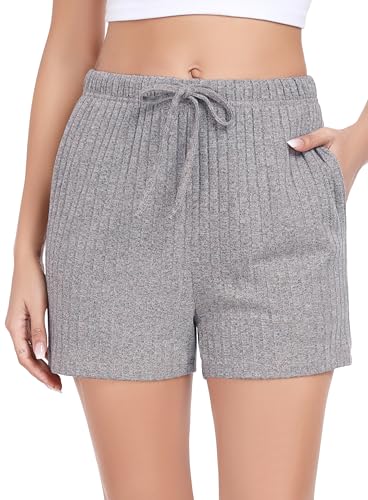 Lovasy Schlafshorts Damen Kurz Sommer Geripptes Gestrick Pyjamashorts Schlafanzughosen für Damen mit Kordelzug und Taschen,Hellgrau,L von Lovasy