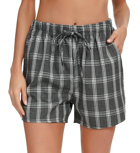 Lovasy Schlafshorts Damen Sommer Karierte Schlaghose Damen Kurz Schlafanzughosen für Damen Kurzer Pyjamahose mit Taschen und Kordelzug,Dunkelgrau-grün,XL von Lovasy