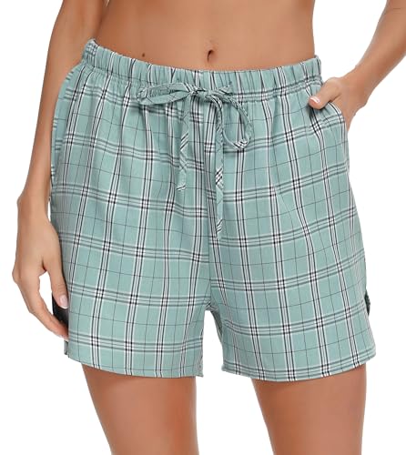 Lovasy Schlafshorts Damen Sommer Karierte Schlaghose Damen Kurz Schlafanzughosen für Damen Kurzer Pyjamahose mit Taschen und Kordelzug,grün,M von Lovasy