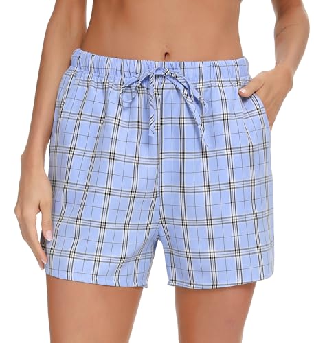 Lovasy Schlafshorts Damen Sommer Karierte Schlaghose Damen Kurz Schlafanzughosen für Damen Kurzer Pyjamahose mit Taschen und Kordelzug,himmelblau,M von Lovasy