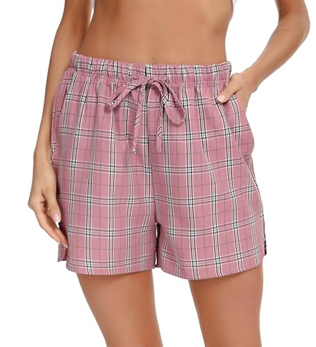 Lovasy Schlafshorts Damen Sommer Karierte Schlaghose Damen Kurz Schlafanzughosen für Damen Kurzer Pyjamahose mit Taschen und Kordelzug,rote Bohnen,L von Lovasy