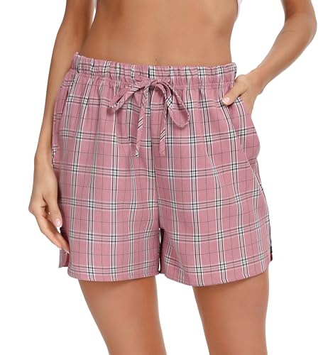 Lovasy Schlafshorts Damen Kurz Sommer Karierte Schlafanzughosen für Damen Pyjamahose mit Taschen und Kordelzug,rote Bohnen,L von Lovasy
