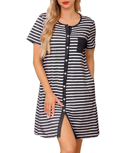 Lovasy Still Nachthemd Damen Baumwolle Kurzarm Schlafshirt mit durchgehende Knopfleiste Gestreift Schlafhemd mit Taschen,Dunkelgrau Streifen,M von Lovasy