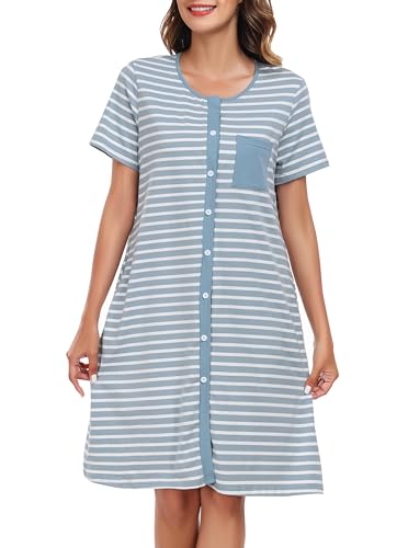 Lovasy Still Nachthemd Damen Baumwolle Kurzarm Schlafshirt mit durchgehende Knopfleiste Gestreift Schlafhemd mit Taschen,Hellblau Streifen,L von Lovasy