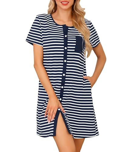 Lovasy Still Nachthemd Damen Baumwolle Kurzarm Schlafshirt mit durchgehende Knopfleiste Gestreift Schlafhemd mit Taschen,Marineblau Streifen,M von Lovasy