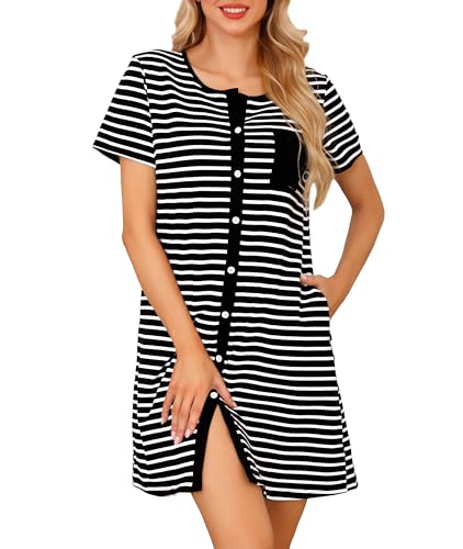 Lovasy Still Nachthemd Damen Baumwolle Kurzarm Schlafshirt mit durchgehende Knopfleiste Gestreift Schlafhemd mit Taschen,Schwarzer Streifen,XL von Lovasy