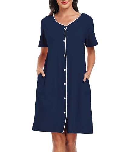 Lovasy Still Nachthemd mit Knöpfen Damen Kurzarm Schlafshirt V-Ausschnitt Schlafhemd Weich Sommer Pyjama Kurz Sleepshirt,Marineblau - Sternennacht,M von Lovasy