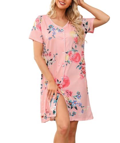 Lovasy Still Nachthemd mit Knöpfen Damen Kurzarm Schlafshirt V-Ausschnitt Schlafhemd Weich Sommer Pyjama Kurz Sleepshirt,Rosa-Blume,L von Lovasy