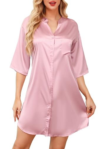 Lovasy Still Nachthemd mit Knöpfen Damen Satin Pyjama 3/4 Ärmel Schlafshirt mit Tiefer V-Ausschnitt Seiden Sleepshirt mit Taschen,Fleischrosa,XL von Lovasy