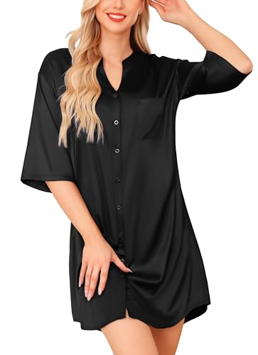 Lovasy Still Nachthemd Damen Satin Schlafshirt mit Knöpfen 3/4 Ärmel Pyjama mit Tiefer V-Ausschnitt Seiden Sleepshirt mit Taschen,Schwarz,L von Lovasy