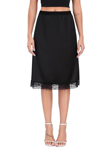 Lovasy Unterrock Damen Kurz Satin Spitzen Unterröcke für Damen Sommer Halbrock Petticoat Leichter Underskirt Unter Kleid,Schwarz,S von Lovasy