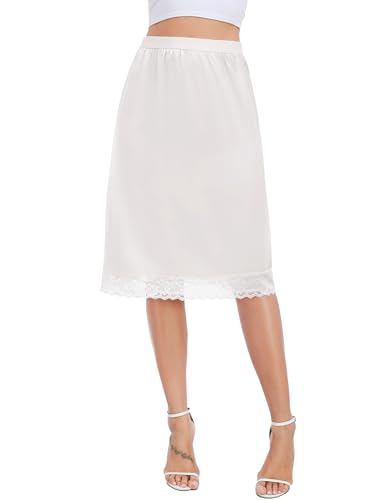 Lovasy Unterrock Damen Kurz Satin Spitzen Unterröcke für Damen Sommer Halbrock Petticoat Leichter Underskirt Unter Kleid,Weiß,L von Lovasy