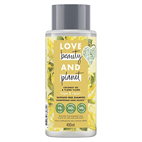 Love Beauty And Planet Shampoo für Damen, Vegan Oasis, Repair Bio-Kokosöl und Ylang-Ylang-Ylang-Blüte, geschädigtes Haar, Vegan zertifiziert, 400 ml von Love Beauty And Planet