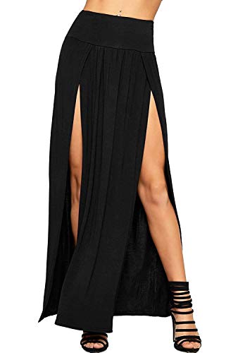 Love Celeb Look Damen Double Split High Waist Seitenschlitz Plain Damen Stretch Long Maxirock (Schwarz, L) von Love Celeb Look