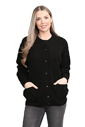 Love Celeb Look Damen Strickjacke, grob, Zopfmuster, Knopfleiste, Rundhalsausschnitt, Seitentaschen, warme Winter-Strickjacke, Schwarz , M-L von Love Celeb Look