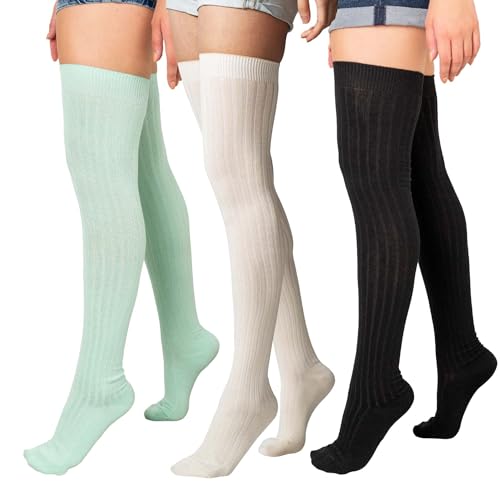 Love Classic Damen Gerippte Oberschenkelhohe Socken, 3er-Pack, Elfenbein, Schwarz und Meeresfrüchte, 36 von Love Classic