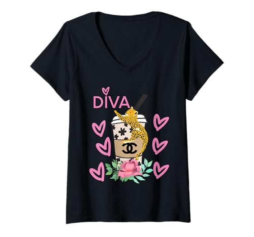 Damen Diva Roses and Love, Tiger Leopard Tier Kaffee Herzen Geschenk T-Shirt mit V-Ausschnitt Damen Diva Roses and Love, Tiger Leopard Tier Kaffee Herzen Geschenk T-Shirt mit V-Ausschnitt von Love Diva Inc