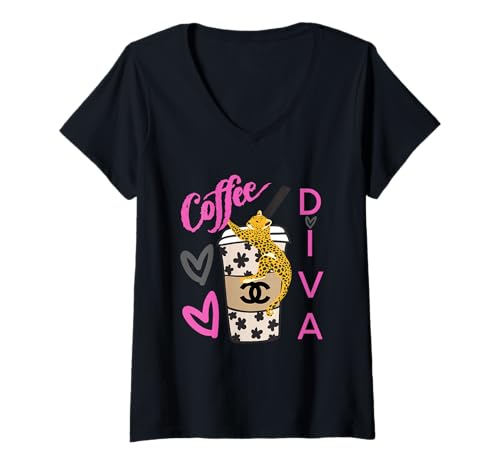 Damen Diva Roses and Love, Tiger Leopard Tier Kaffee Herzen Geschenk T-Shirt mit V-Ausschnitt Damen Diva Roses and Love, Tiger Leopard Tier Kaffee Herzen Geschenk T-Shirt mit V-Ausschnitt von Love Diva Inc