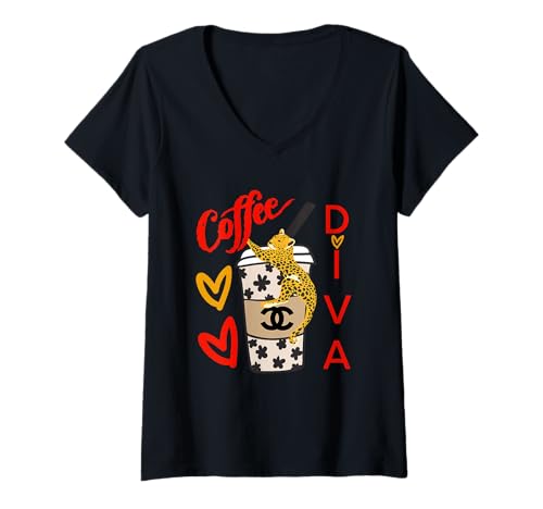 Damen Diva Roses and Love, Tiger Leopard Tier Kaffee Herzen Geschenk T-Shirt mit V-Ausschnitt Damen Diva Roses and Love, Tiger Leopard Tier Kaffee Herzen Geschenk T-Shirt mit V-Ausschnitt von Love Diva Inc