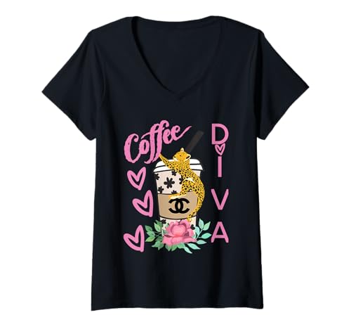 Damen Diva Roses and Love, Tiger Leopard Tier Kaffee Herzen Geschenk T-Shirt mit V-Ausschnitt Damen Diva Roses and Love, Tiger Leopard Tier Kaffee Herzen Geschenk T-Shirt mit V-Ausschnitt von Love Diva Inc