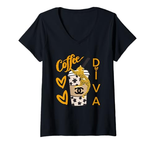 Damen Diva Roses and Love, Tiger Leopard Tier Kaffee Herzen Geschenk T-Shirt mit V-Ausschnitt Damen Diva Roses and Love, Tiger Leopard Tier Kaffee Herzen Geschenk T-Shirt mit V-Ausschnitt von Love Diva Inc