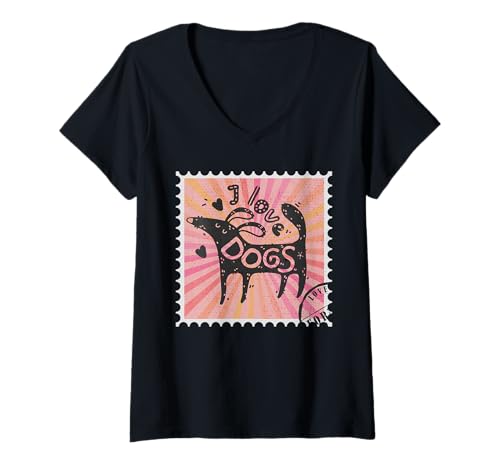Damen Ich liebe Hunde niedliche Briefmarke Hund Mama Hund Papa T-Shirt mit V-Ausschnitt von Love Dogs Postal Stamp Retro Vintage Grunge Art
