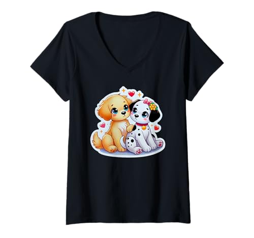 Damen Niedliche Hunde Grafik T-Shirt mit V-Ausschnitt von Love Dogs Store