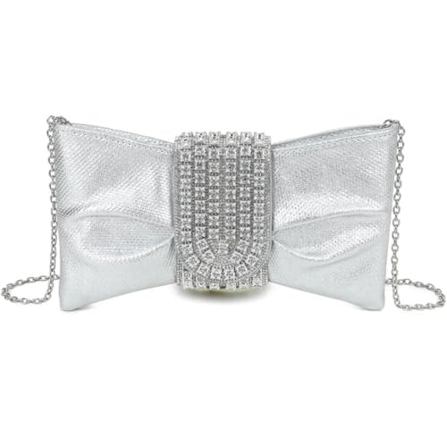 Elegante Clutch mit Schleife und Kristallschnalle, strukturierter Tragegriff und Kettenriemen – Abend-, Abschlussball- und Hochzeits-Handtasche, silber, 27 X 20 X 5 Centimeters von Love EMVY