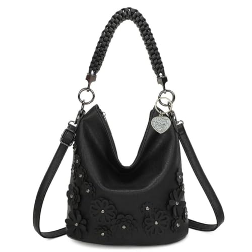 Flower Rope Slouch Umhängetasche - Kunstleder Floral Top Handle & Crossbody - Diamante Charm - Mehrere Fächer - 31 × 29 × 17 cm, Schwarz , 31 x 29 x 17 Centimeters von Love EMVY