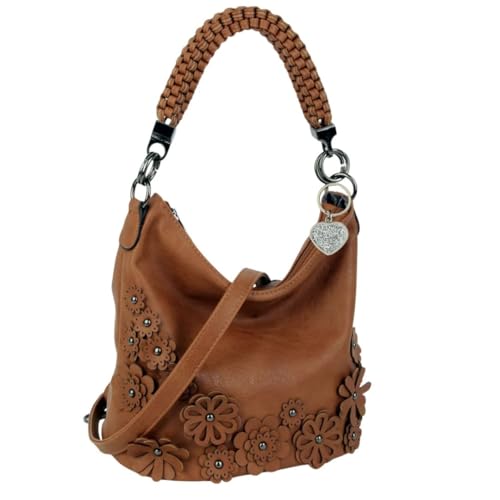 Flower Rope Slouch Umhängetasche - Kunstleder Floral Top Handle & Crossbody - Diamante Charm - Mehrere Fächer - 31 × 29 × 17 cm, braun, 31 x 29 x 17 Centimeters von Love EMVY